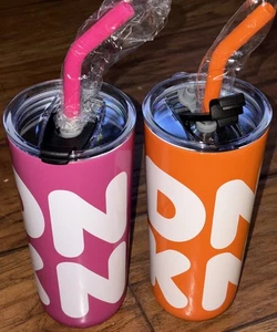 Pair Of Dunkin Donuts Stainless Steel Tumblers DNKN 22 Oz Pink & Orange NEW!!! - Picture 1 of 2