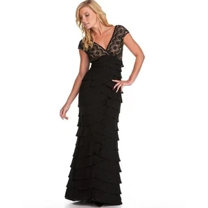 Maxi Vestido Formal Adrianna Papell Encaje Floral Volantes En Niveles Cuello en V, Talla 8 - Imagen 1 de 16