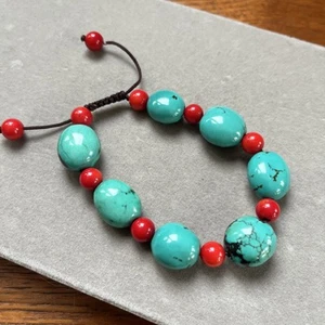 Lovely Turquoise And Coral Beaded Adjustable Bracelet Boho - Picture 1 of 6