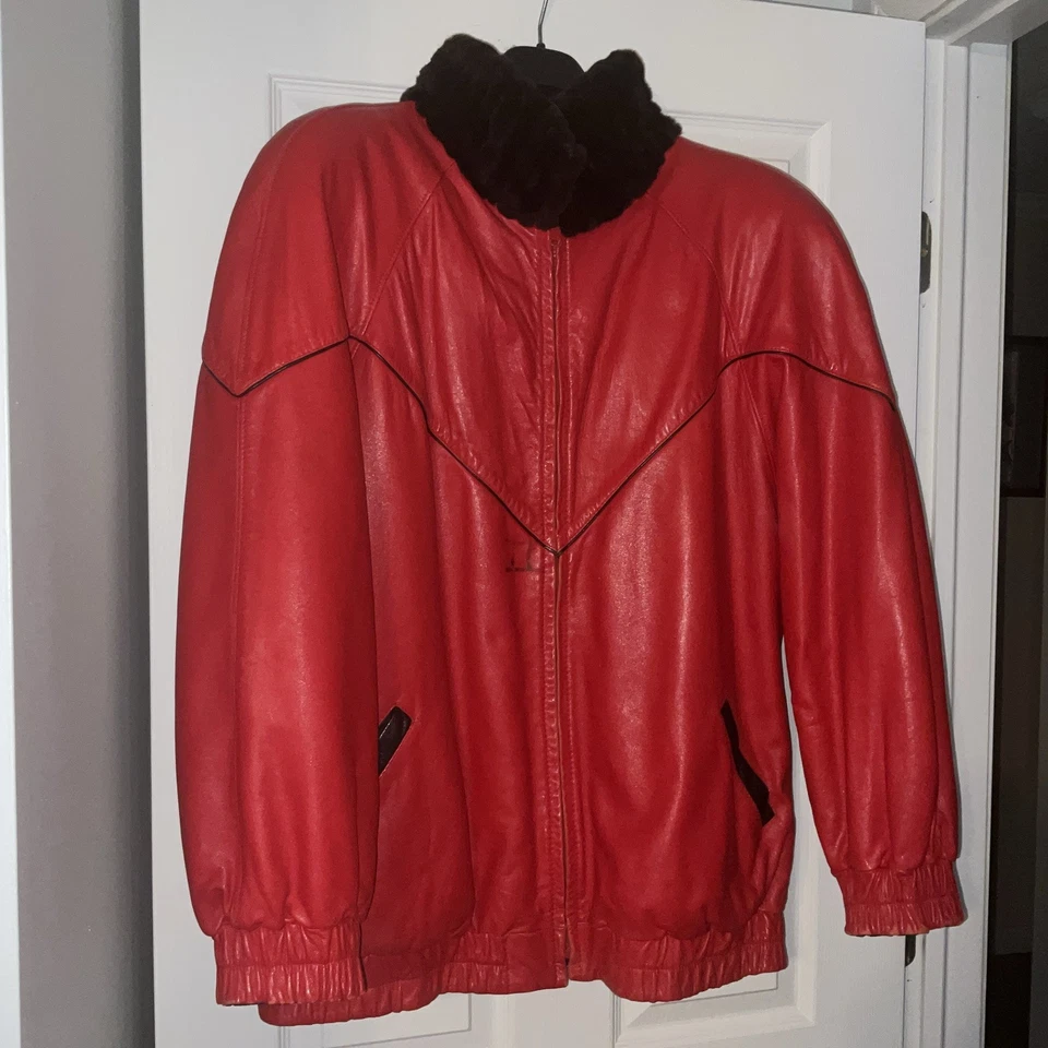 Casaco de couro vermelho pele marrom vison vintage tosquiado reversível grande bombardeiro  - Imagem 1 de 4