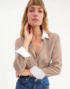 NEW VERONICA BEARD Amelia Silk Shirt Whisky/Off-White 024 - Picture 1 of 6