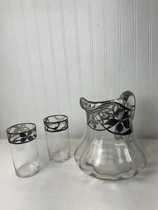 ANTIQUE Water Pitcher & Glasses Edwardian Art Nouveau Clear Glass Silver Overlay - Picture 1 of 9