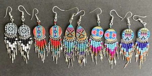 Peruvian 5 Handmade Long Ceramic Teardrop Round Earrings Beads Ethnic Lot Boho - Picture 1 of 6