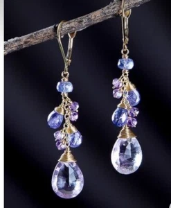 Pendientes de plata de ley 925 con piedras preciosas de amatista rosa y tanzanita h55 - Imagen 1 de 12