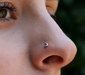 Bezel Set Real 0.04Ct Sapphire Nose Stud Screw Ring Piercing Pin 14K Yellow Gold - Picture 1 of 9