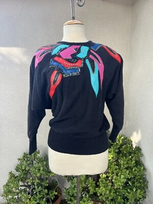 复古 80 年代 Glam 黑色毛衣皮革珠口音 M 维多利亚港 — 第 1/4 张图片