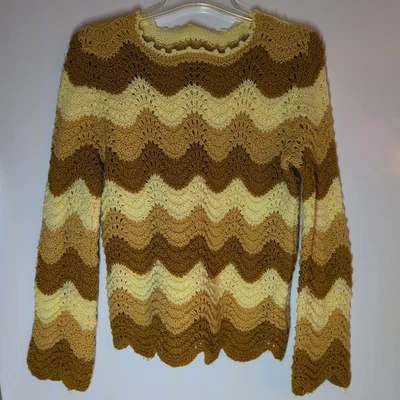 Handmade Women's Crochet Sweater Sz M Brown Beige Yellow - Image 1 of 4
