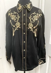 Scully Western Shirt Size M Black Embroidered Roses Gold Embroidery Pearl Snaps - Picture 1 of 12
