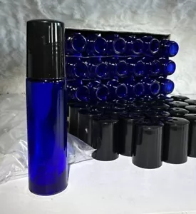 24 Blue Glass Bottles 10ml, Steel Roller Ball, Glass Dropper +Labels - Picture 1 of 10