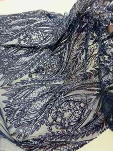 Mermaid Design Fabric - Navy Blue 4 Way Stretch Sequins Lace Mesh Fabric by Yard - Picture 1 of 6