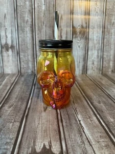Orange Iridescent Skeleton Glass with Lid and Straw - Picture 1 of 3