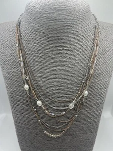 Rose Gold Tone & Silver Tone Faux Pearl Multi Layer Necklace Evening Sparkly - Picture 1 of 9