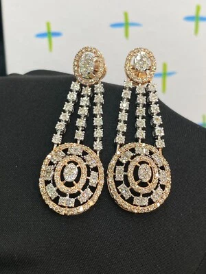 3.63 Cts Round Baguette Shape Natural Diamonds Dangle Earrings 14K Two-Tone Gold - Image 1 of 4