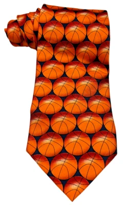 Basketball Themed Utopia Mens Tie Silk Handmade Short 56"L 4"W - Orange Blue - Image 1 of 4