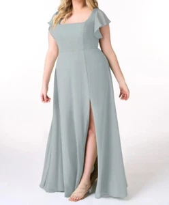 Azazie Bondi Chiffon Bridesmaid Dress 16 Dolphin Gray Maxi Square Neck Slit Prom - Picture 1 of 9