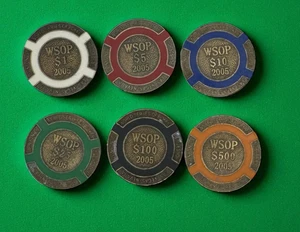 BINYON'S WSOP BRASS POKER CHIPS SET OF 6 2005 - Picture 1 of 3