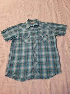 Rancher by Wrangler Pearl Snap Button Shirt Mens L Short Sleeve Turquoise Plaid - Picture 1 of 6