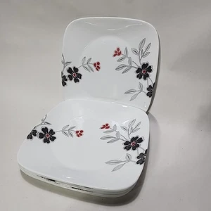 Set Of 7 - Corelle Corning MANDARIN Square Dinner Plates- Red & Black Flowers - Picture 1 of 4