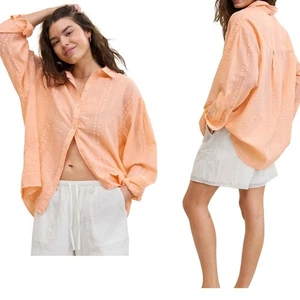 NUEVO Aerie Seersucker Melocotón Encubrimiento Gran Tamaño Texturizado Botón Talla Mediana - Imagen 1 de 9