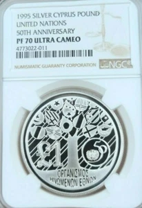 1995 CYPRUS SILVER 1 POUND UNITED NATIONS ANNIVERSARY NGC PF 70 ULTRA CAMEO - Picture 1 of 4