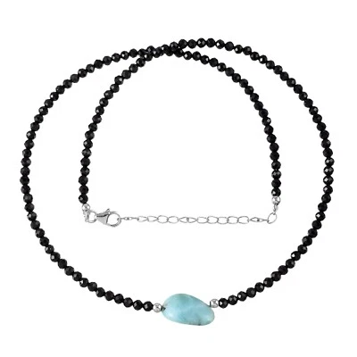 Collar de cadena natural de 3 mm de espinela negra y larimar micro facetadas pequeñas cuentas 18" Foto 1 de 4