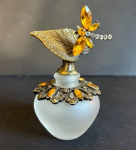 Frosted Satin Glass & Metal Jeweled Perfume Bottle Dragonfly on Leaf Stopper 4" - Picture 1 of 8