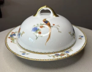 VINTAGE MZ Altrohlau CMR Czechoslovakia Golden Pheasant Covered Butter Dish - Picture 1 of 9
