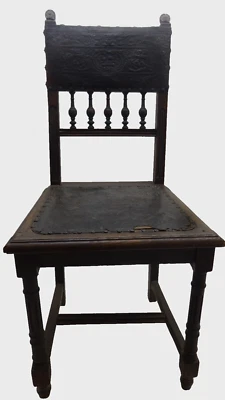 Antique 19th Century Henry II Renaissance Revival Oak Tooled Leather Side Chair - Image 1 of 4
