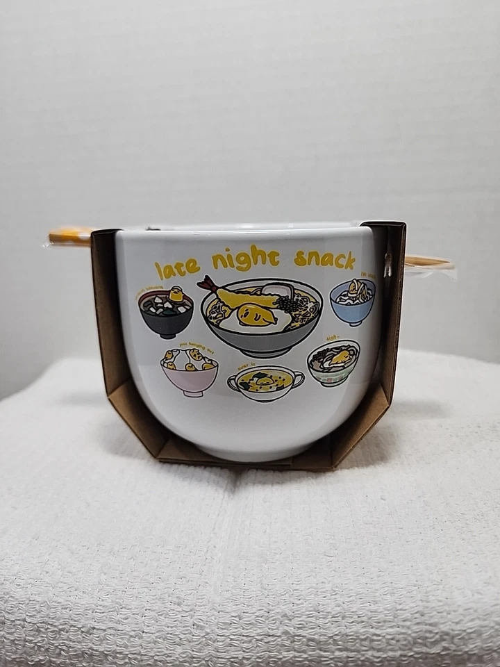  Sanrio GUDETAMA LAZY EGG Ceramic RAMEN NOODLE BOWL & CHOPSTICKS 16oz 