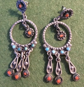 Handmade Sterling Silver Turquoise & Coral Chandelier Earrings - Picture 1 of 4