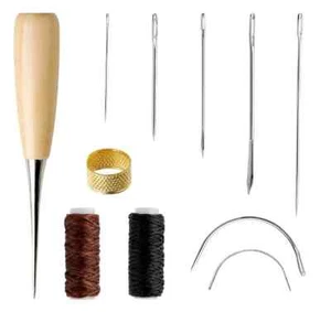 Kit di utensili da cucire in pelle 11 pezzi - aghi, filo cerato e strumenti di riparazione - Foto 1 di 5