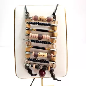 African Style Beaded Ladder Necklace -Wood and Stone Beads on Safety Pins - Picture 1 of 5