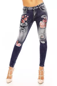 Damen Hose Jeans Denim Look Skinny Röhrenjeans Löchern Pailletten Blau 61103 - Bild 1 von 13