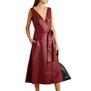 Handmade Women's Genuine Lambskin Leather V neck Sleeveless Mid Calf Red Dress - Bild 1 von 5