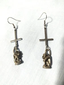 GOTHIC GARGOYLE and INVERTED CROSS DOUBLE DANGLE CHARMS PAIR OF PEWTER EARRINGS - Picture 1 of 1