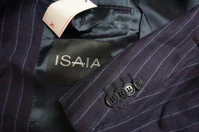 Isaia Napoli 100% Linen Navy Blue Striped 2 Pc Suit Jacket Pants 38R NEW  - Image 1 of 4