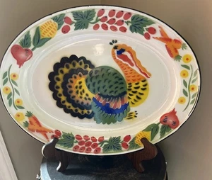 Vtg Enamel Ware  Turkey Platter Metal Vibrant Oblong Serving Dish - Picture 1 of 7
