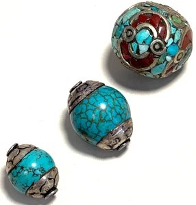 Lot of 3 Tibet/Nepal Beads 10-17mm Round/Bicone Real Turquoise Coral NOS - Picture 1 of 5