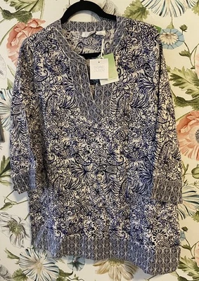 NUEVO CON ETIQUETAS Sigrid Olsen Camisa de Lino Azul Floral Batik Boho Manga 3/4 Túnica Mediana NUEVA Foto 1 de 4
