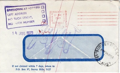 1973 Cover, no stamp, postmarked: Paid Surrey Hills Vic + 2 x Return to Sende(C) - Image 1 of 4