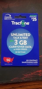 Tracfone $25 5G 30 Day Plan Unlimited Talk & Text 3 GB Data Physical Card - Zdjęcie 1 z 2