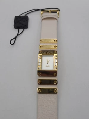 Vintage Dolce And Gabbana Watch Gold Tone Crystal Accent White Pink Band Working - Image 1 of 4