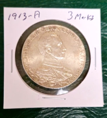 Moneda de 3 marcos Guillermo II 1913-A - Alto grado - Todavía tiene brillo - Teniente Tonificación Foto 1 de 4