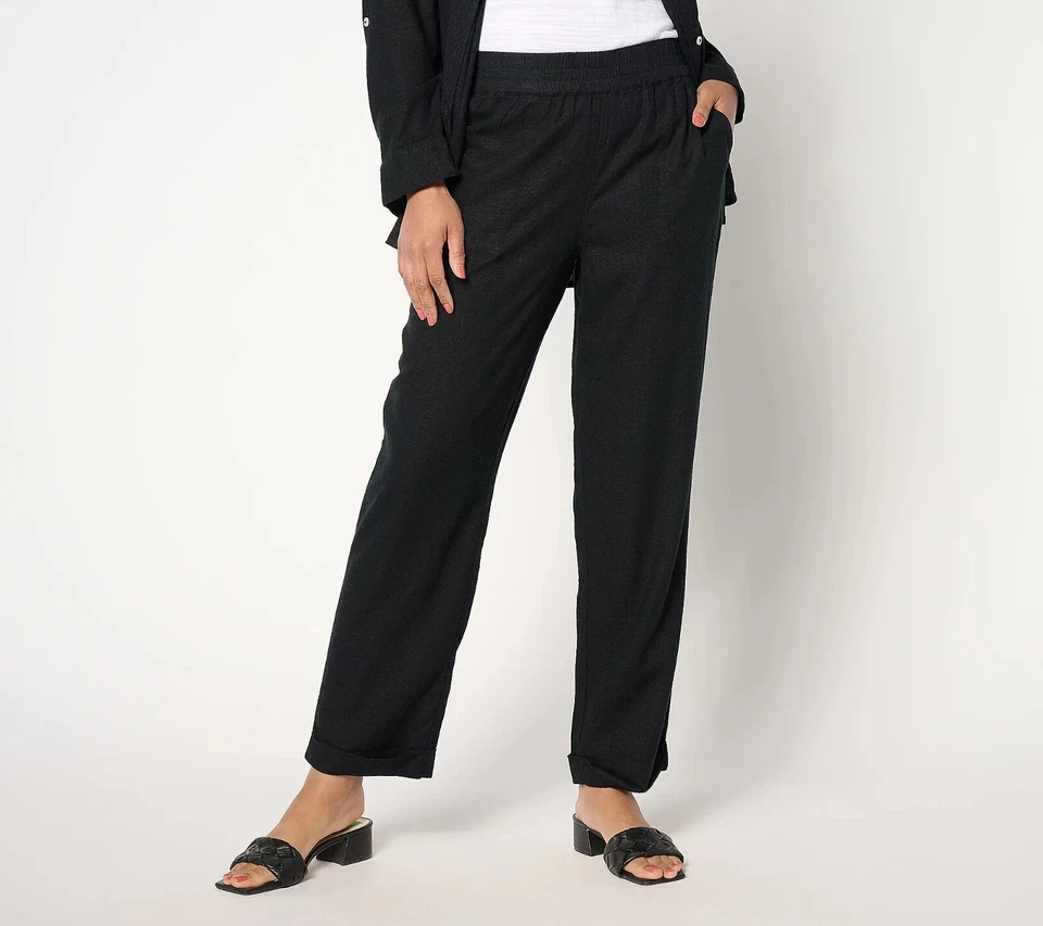 Denim & Co. Naturals Linen Blend Straight Leg Pant-Black-Petite XL-NEW-A647756 - Image 1 of 1