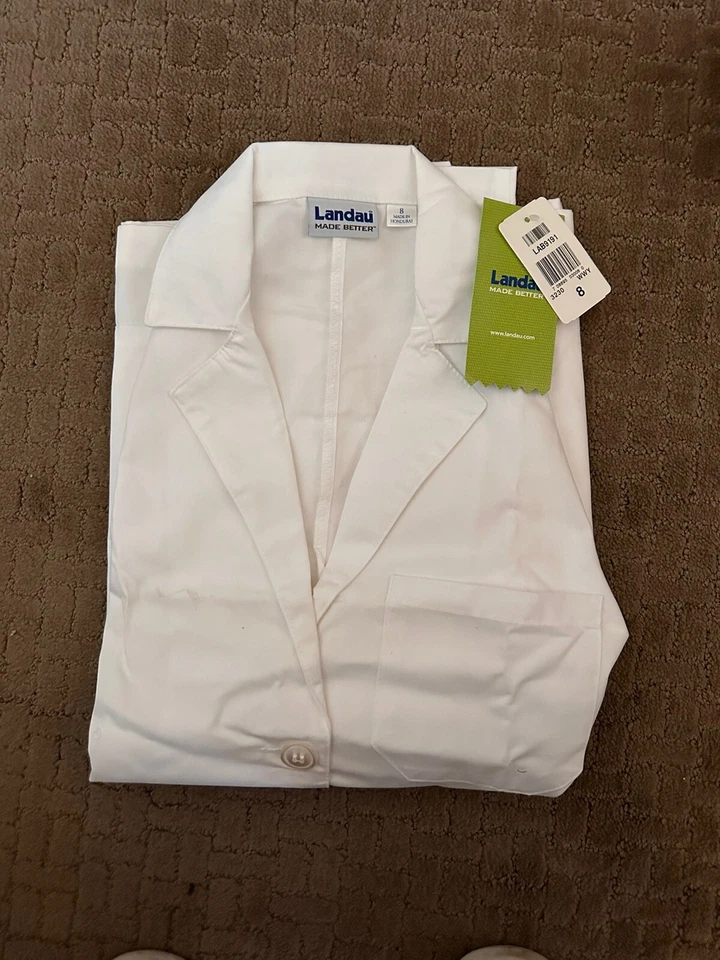Landau Unisex Mid-Length White Lab Coat- Size 8 - Image 1 of 1