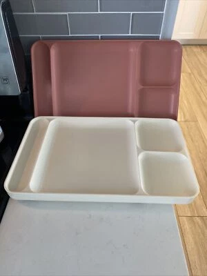 4 Vintage Tupperware divided trays plates picnic camping lunch tv 3 Tan 1 Pink - Image 1 of 2