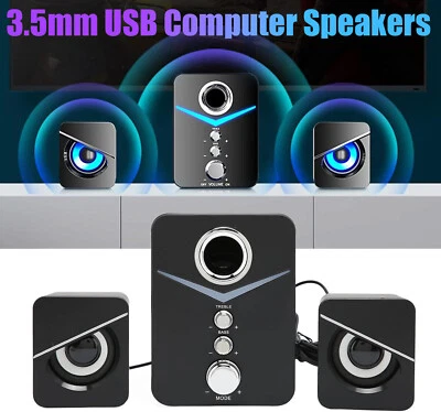 3.5mm Computer Speakers with Subwoofer 2.1 USB Powered LED For PC Laptop Desktop - Image 1 of 4