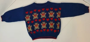 Vintage CARTER'S girls Size 5/6 Sweater - red hearts teddy bears blue - Picture 1 of 10