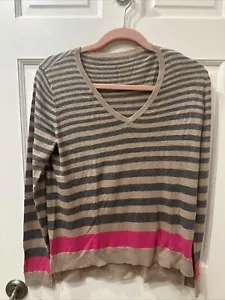 Ladies C&C Woolblend Striped Beige & Grey Vneck Sweater -S Pink Stripe - Picture 1 of 3