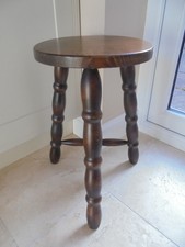 Vintage French 3 legged kitchen stool, sturdy, turned legs and cross brace
